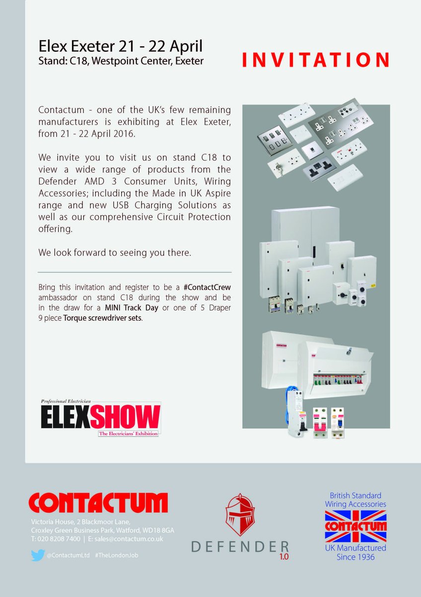 Contactumltd's tweet photo. #Electrician if around #Exeter 21&22 April come and see us on stand C18 @Elexshow #Amd3 C/U and plenty more https://t.co/g8U8YeCvHe