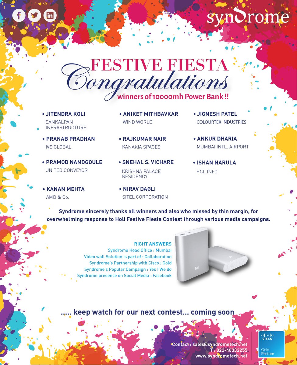 syndrome_tech's tweet photo. Congratulations to our lucky winners who won the 10,000 mh power bank for the Holi Festive Fiesta! https://t.co/Zrl0L2Vgmi