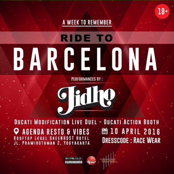 SeputarEvent's tweet photo. TONIGHT! A week to remember #RidetoBarcelona W/ DJ @jidho |  at @agenda_id @GreenhostHotel | Dress code : race wear https://t.co/9edZW756dp