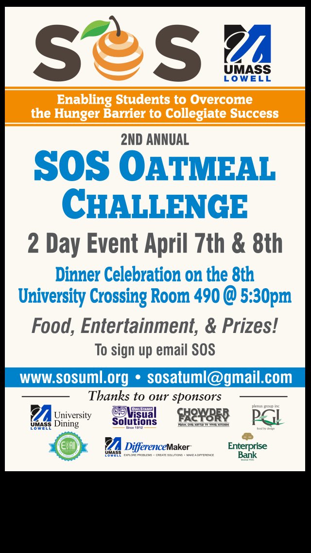 SOS_UML's tweet image. Are you up for the the Oatmeal Challenge??? Eat oatmeal for 2 days to raise awareness of student hunger.