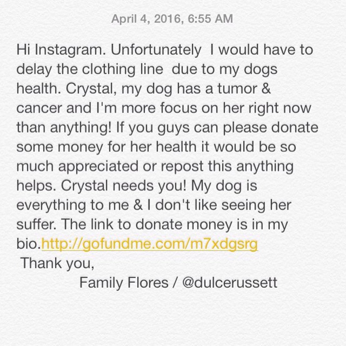 deztinyyrose's tweet photo. Anything helps!!! Idk what I would do without my puppy! #savecrystal #gofundme ๐๐๐ผ @DulceeRuby https://t.co/f41QddBayq