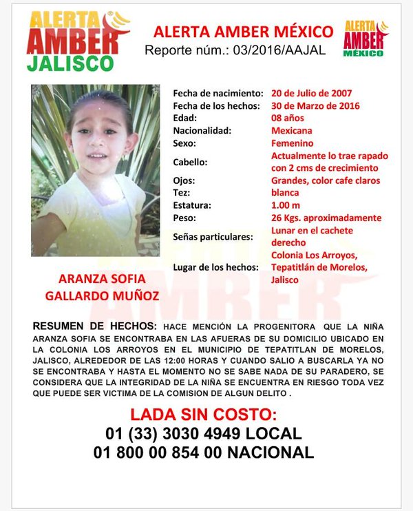 informador's tweet photo. AL MOMENTO: Se activa la @AAMBER_JAL para localizar a ARANZA SOFÍA GALLARDO MUÑOZ. Si sabes algo de ella comunícate👇 https://t.co/3e61TqoZE4