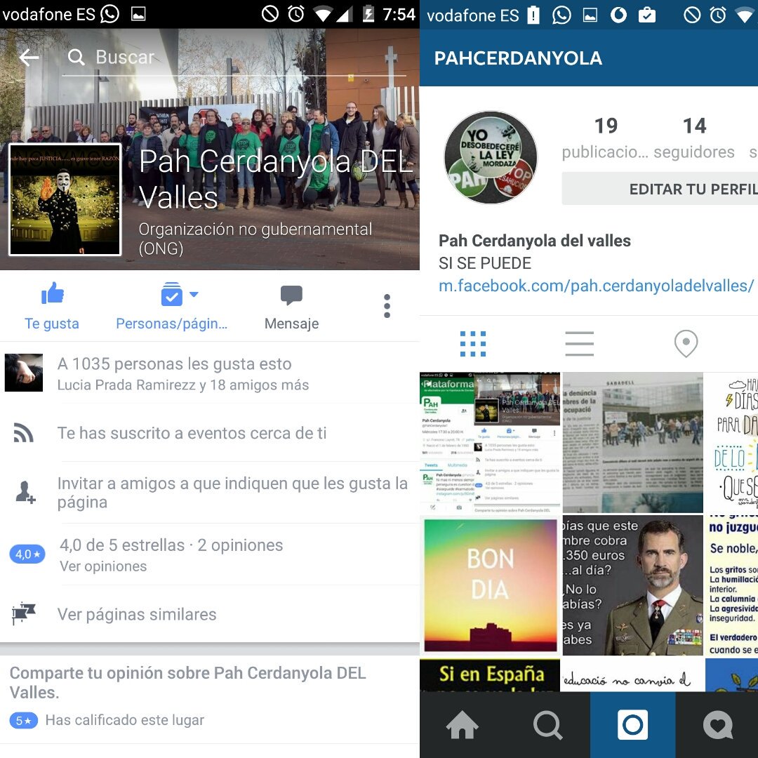Aquí tenemos el Facebook  e Instagram de la pah de cerdanyola #SiSePuede #pah