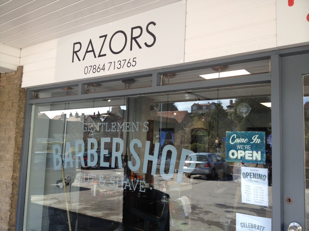 razorssheffield's tweet photo. All signage is up on our new shop window. Big thanks to @CoreDisplays &amp; @bshawdesign 💈 https://t.co/XkWMclDxku