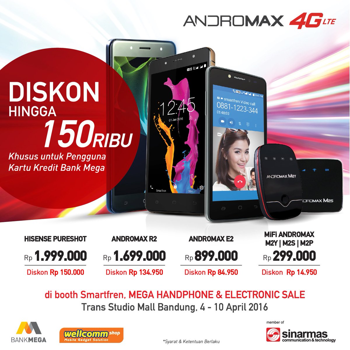 smartfrenworld's tweet photo. Nikmati diskon hingga 150 ribu utk Produk Andromax 4G LTE dibawah ini, bagi pengguna Kartu Kredit Mega! #Generasi4G https://t.co/kda1aqCy2m