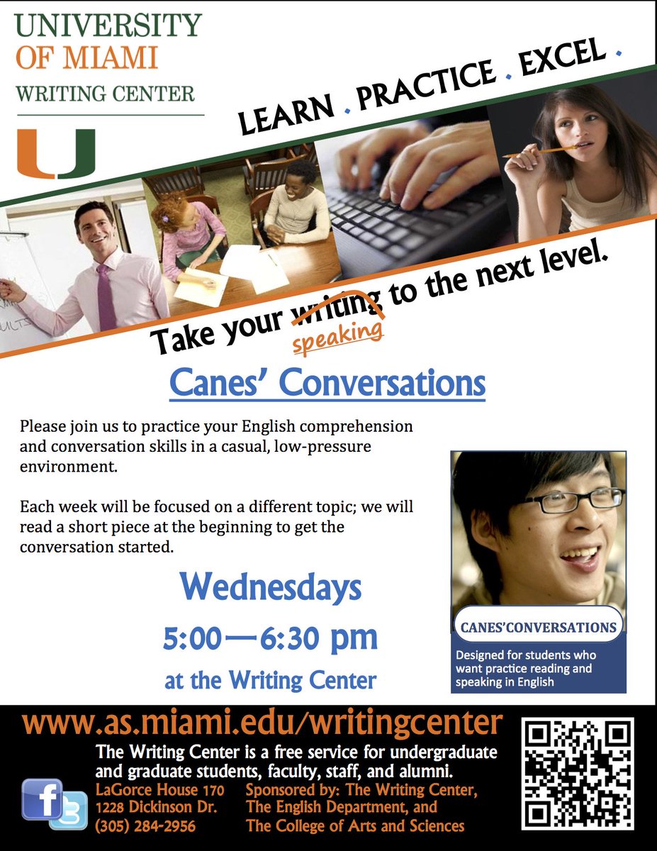 UMWritingCenter's tweet image. ESL students, join us tonight for Canes Conversations. Topic: college students views of free speech! Let's chat!