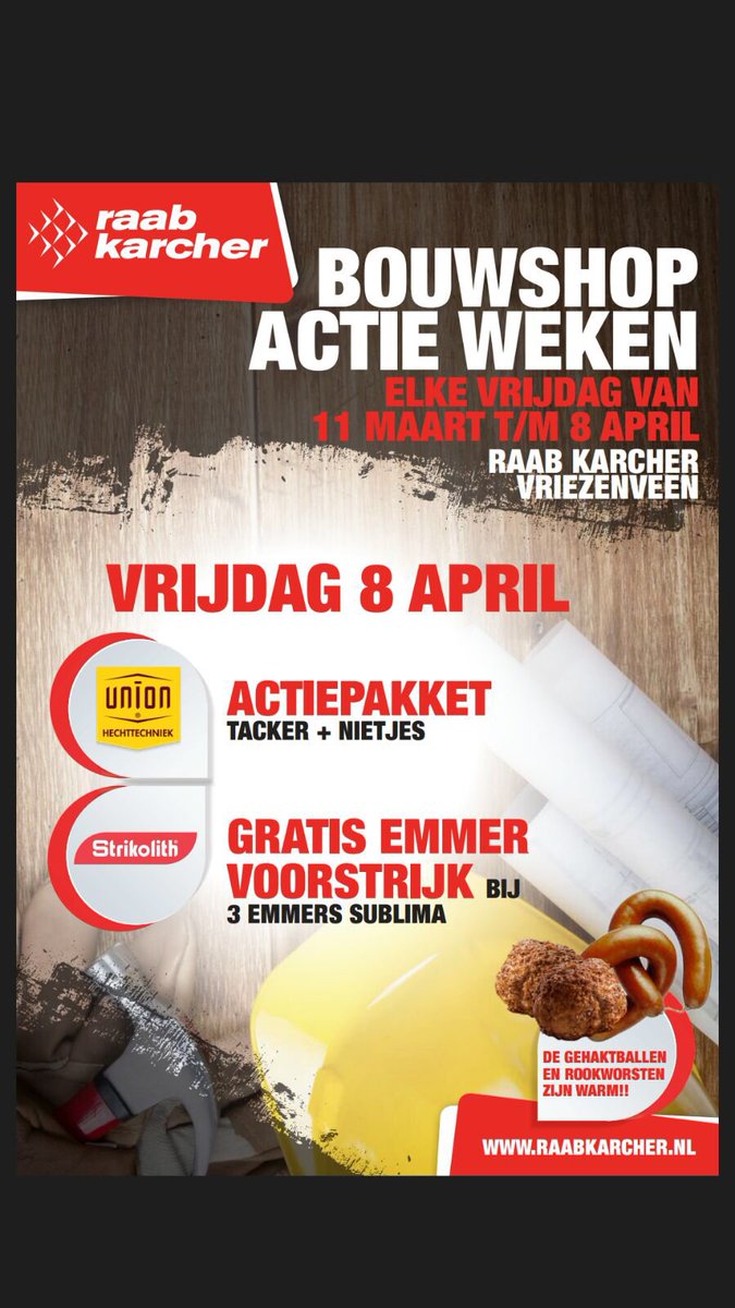 Vrijdag 8 april #bouwshop #actie #weken. Acties van <a href="/Union/">UNION</a> en <a href="/Strikolith/">Strikolith</a>. De gehaktballen staan weer klaar!
