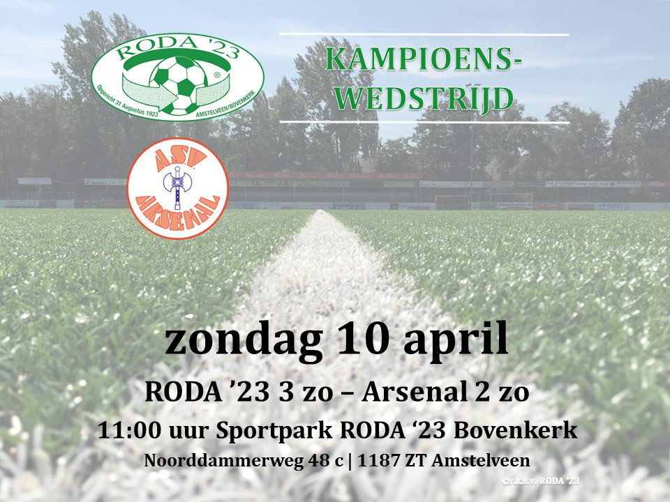 Zondag 10 april om 11:00 uur op veld 1, #RODA23 ZO3 - #Arsenal ZO2. Steun de spelers op weg naar het #kampioenschap
