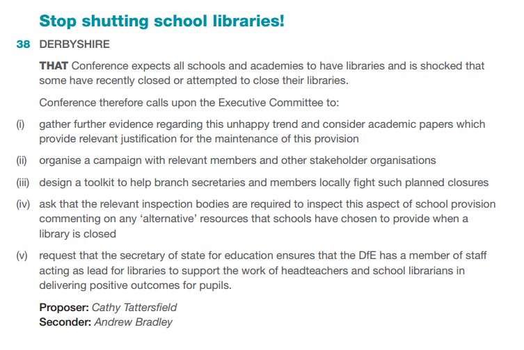 School libraries up for debate now. Motion calls for DfE libraries lead and for inspection of provision #ATLConf2016