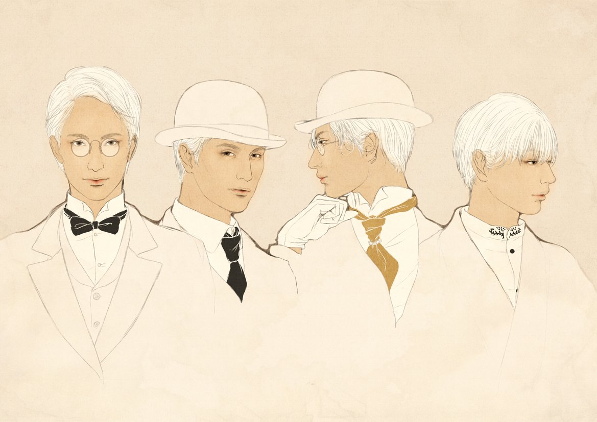 glasses hat white hair necktie bowtie male focus bow  illustration images