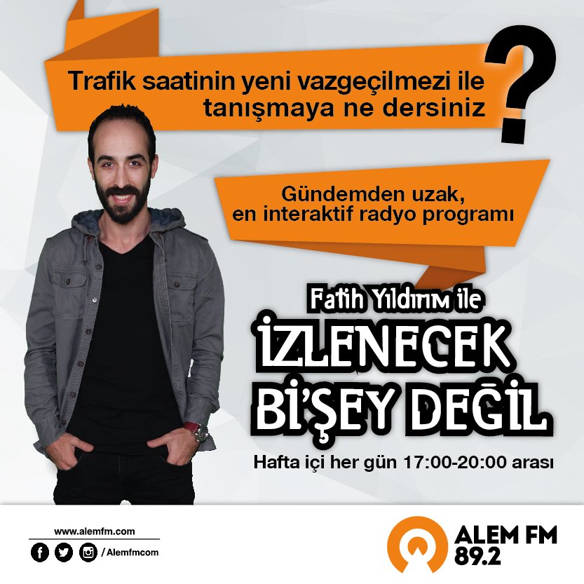 alemfmcom's tweet photo. "Fatih Yıldırım ile İzlenecek Bi'şey Değil" bugünden itibaren hafta içi her gün 17:00 - 20:00 arası #AlemFM'de! https://t.co/ESe9CLK332
