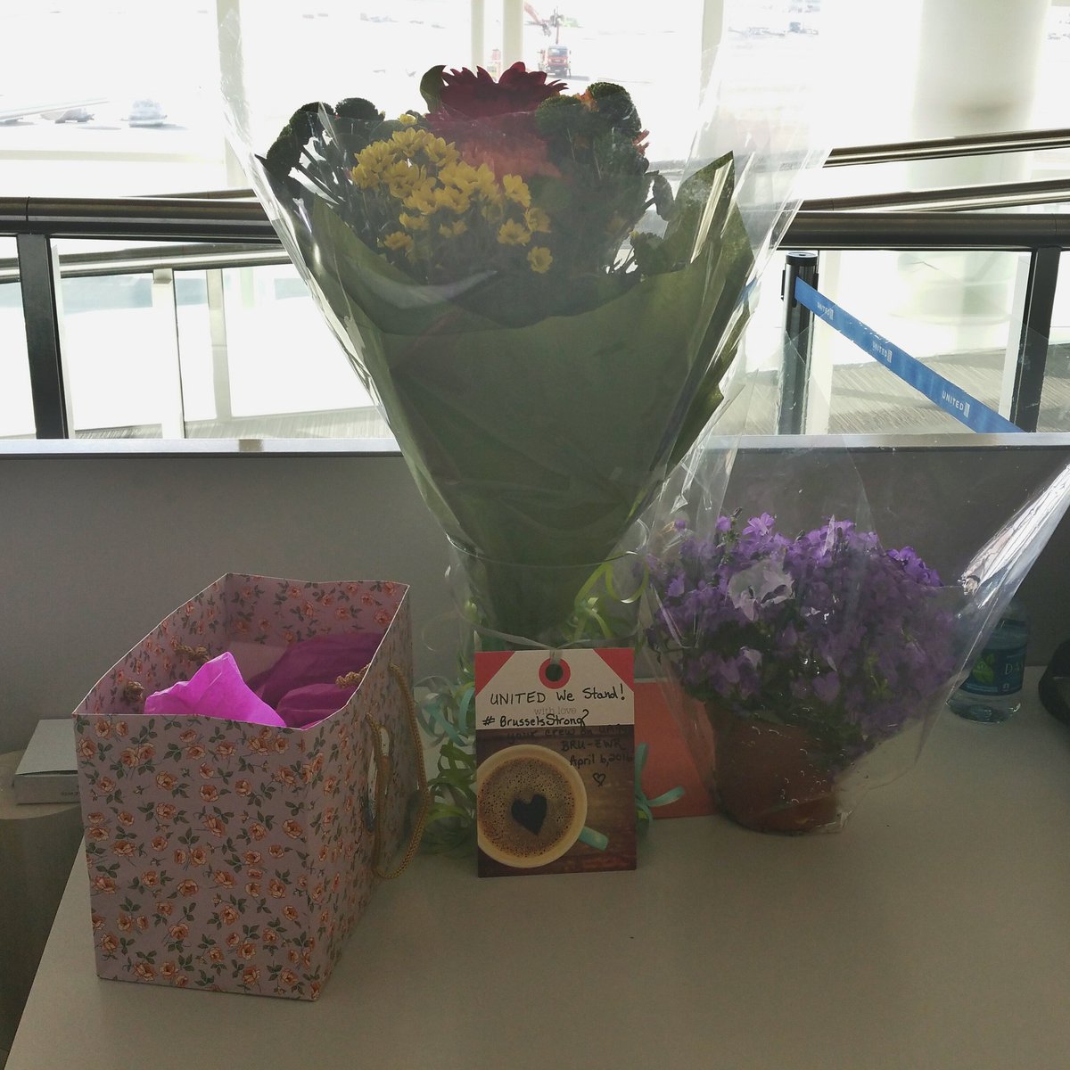 qiewie's tweet photo. Gifts from wonderful #colleagues on @united 999, first flight back @BrusselsAirport @weareunited #BrusselsStrong https://t.co/9VvFejskSQ