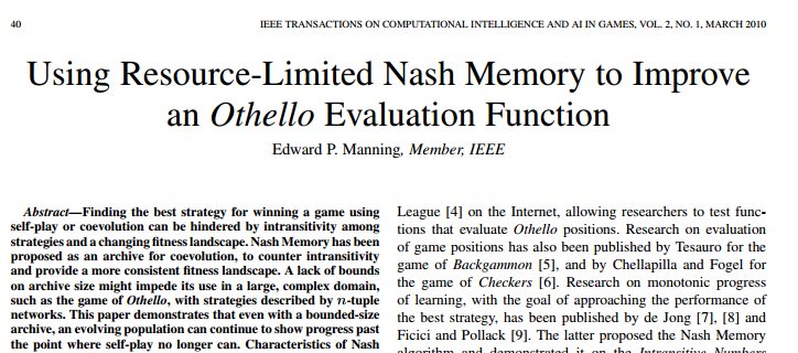 IEEETxnOnGames's tweet image. buff.ly/1Ve8Zuq #NashMemory #Othello #EvaluationFunction #CI #AI #Games