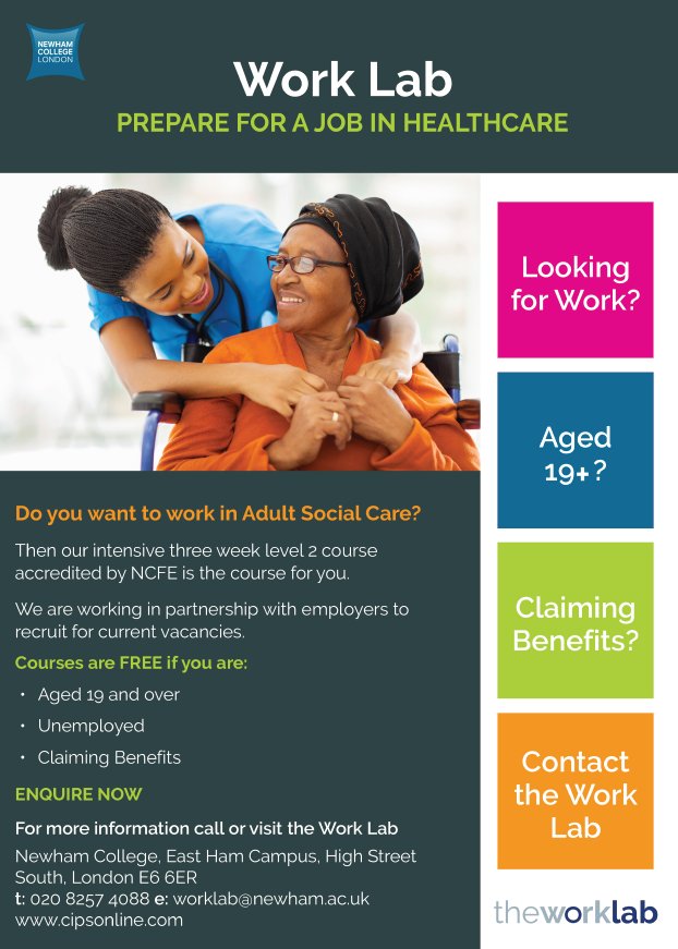 CIPsNewham's tweet image. Want to work in adult social care? @WorkLab_NC have a level 2, 3 week course accredited by NCFE for you! #Employment