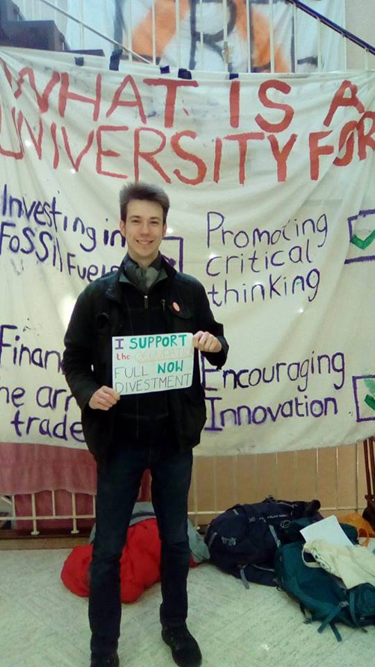 EdUniPandP's tweet photo. RISE candidate @CalumMartin1 came along to support us this morning! #divesttherested https://t.co/k3SdZQBZ0f