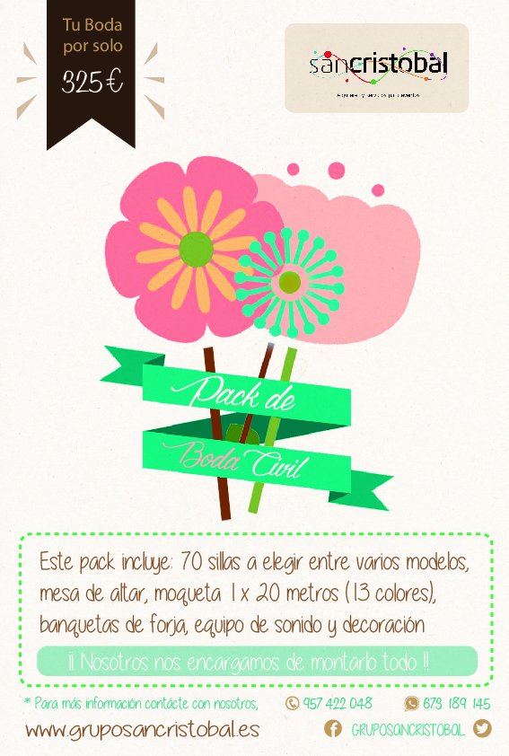 ¡OFERTA PACK CEREMONIA CIVIL! Celebra tu boda con <a href="/grpsancristobal/">SanCristobal</a>. Estamos encantados de servirte y asesorarte.