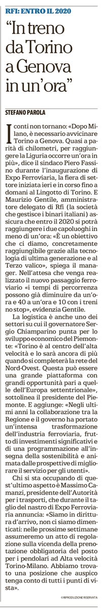 EXPO_Ferrov's tweet photo. In treno da #Torino a #Genova in un'ora. L'articolo sull'apertura di #EXPOFer16 da @rep_torino @Ste_P_Rep https://t.co/Lun7SHJ6Hf