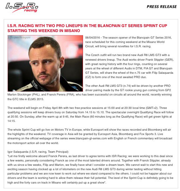 I.S.R. Racing with 2 Pro lineups <a href="/BlancpainGT/">GT</a> #Sprint this weekend <a href="/circuitomisano/">Misano World Circuit</a>
