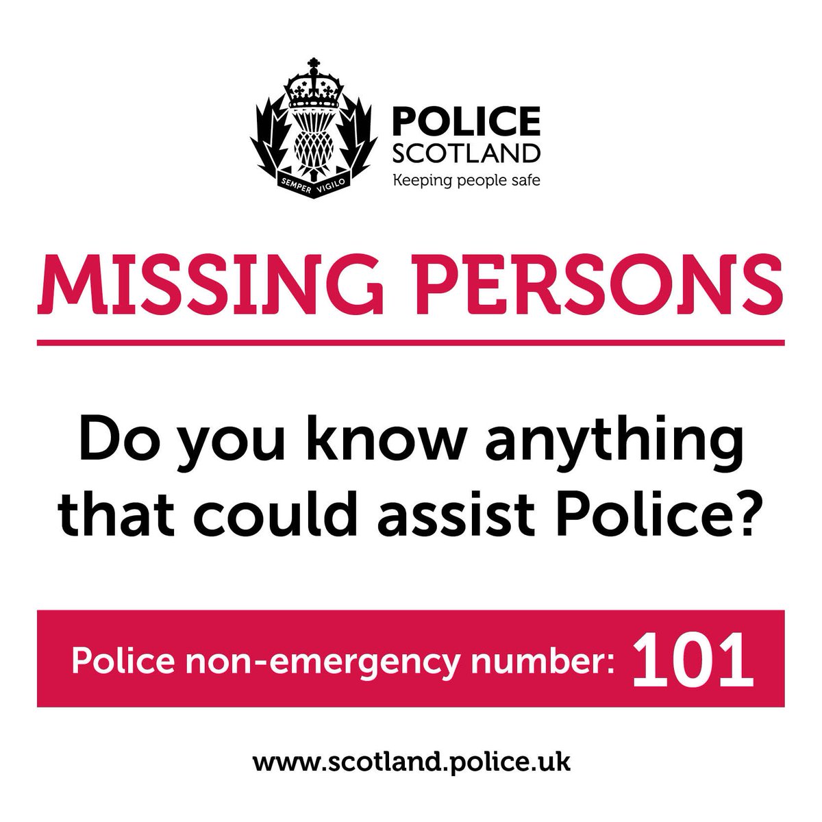 PoliceScotland's tweet image. Pls take 5mins this lunchtime to look at our Missing People section - recognise anyone? scotland.police.uk/whats-happenin…