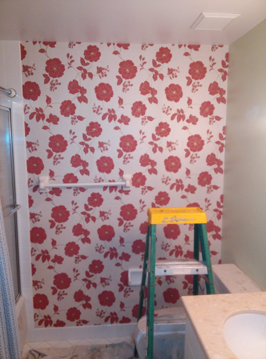 RWallcovering's tweet photo. Here we installed a #Flower Print #Designer #Wallpaper, Mirror, and Light Fixture to #Decorate a standard #Bathroom https://t.co/e5y9vYY9ts