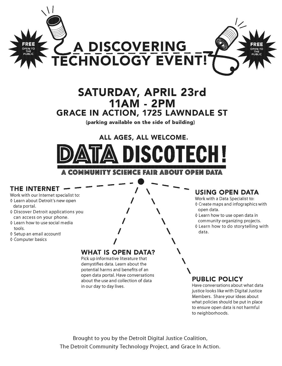 DetCommTech's tweet photo. Join us for a #DataDiscoTech on 4/23 at @GIA_detroit! Workshops about "open data" + more: https://t.co/Ghln2ikuWu https://t.co/yK8DJNvqEH