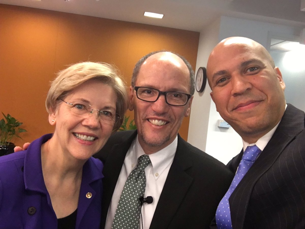 CoryBooker's tweet photo. Announced today DOL rule to protect ur retirement savings. Proud to stand w/ @LaborSec &amp; @SenWarren #SaveYourSavings https://t.co/5clUSSSKOi