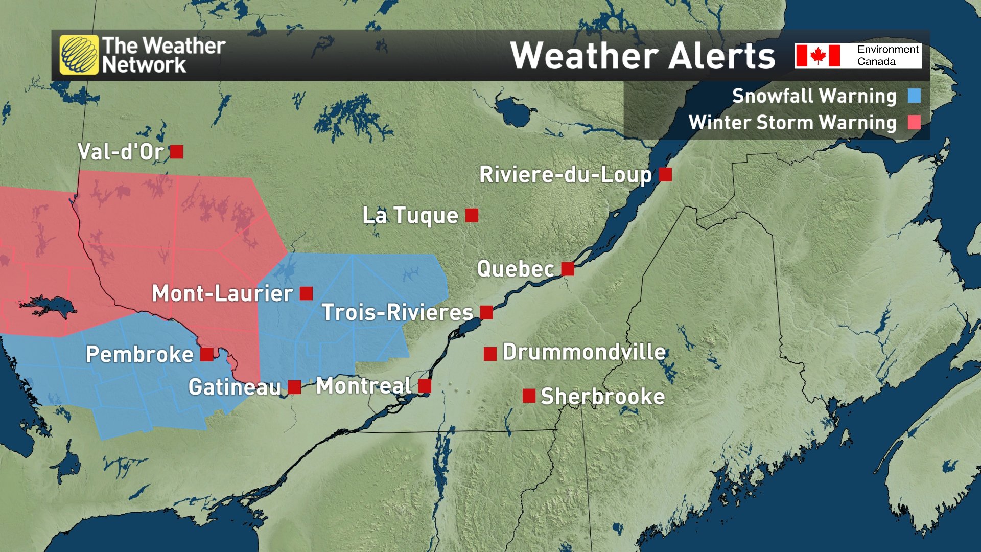 Map Areas of southern Quebec under winter storm and