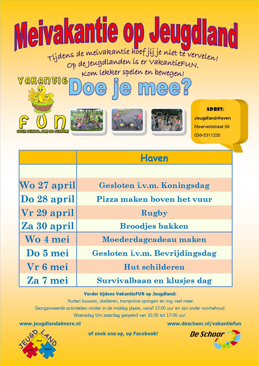 Het programma van de meivakantie is klaar
Bekijk die van <a href="/haven_jeugdland/">Jeugdland-Haven</a> op jeugdlandalmere.nl/vakantiefun/