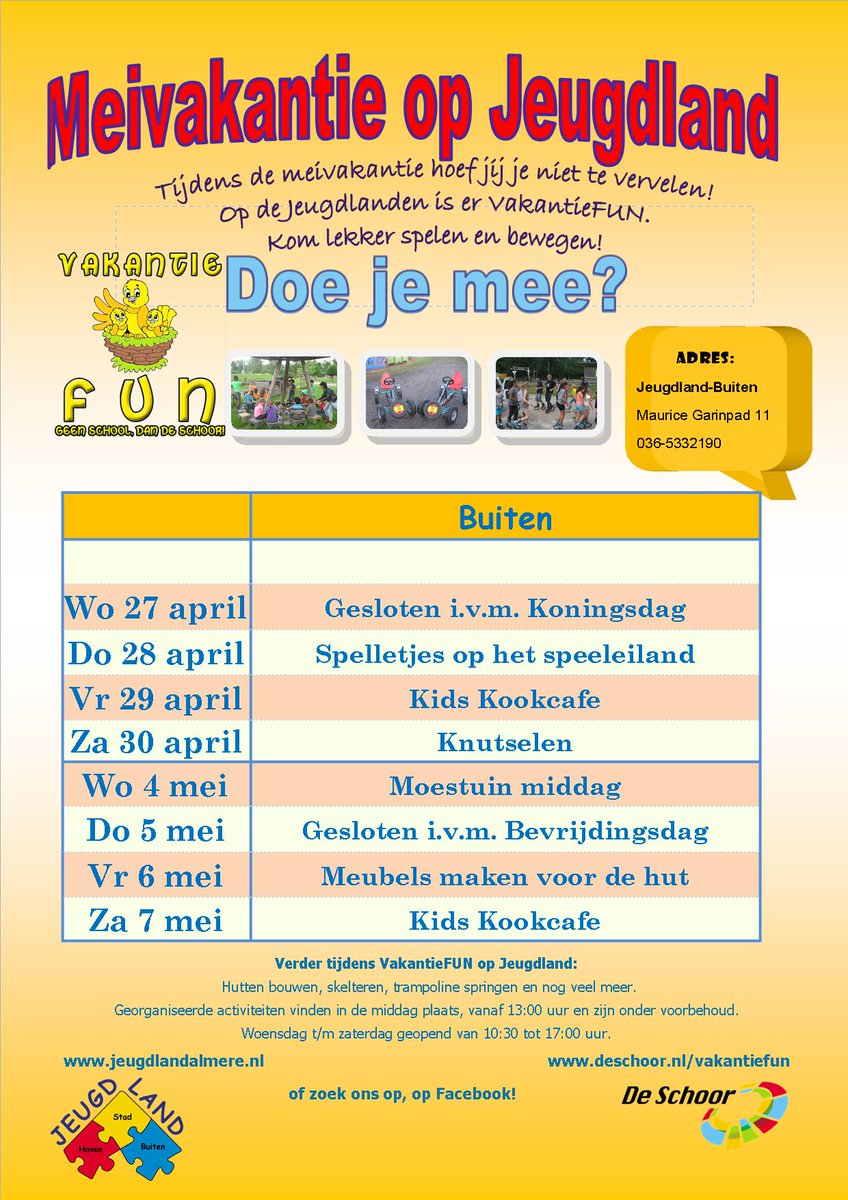 Het programma van de meivakantie is klaar
Bekijk die van <a href="/jeugdlandbuiten/">jeugdland buiten</a> op jeugdlandalmere.nl/vakantiefun/