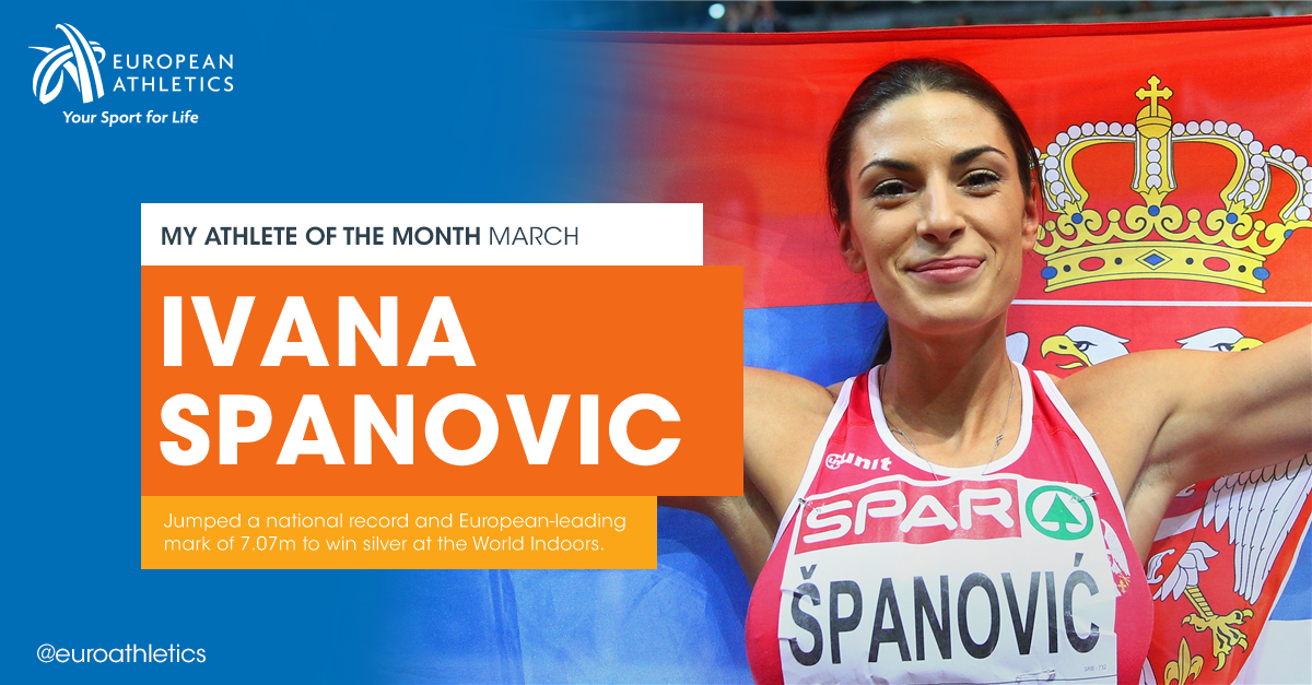 EuroAthletics's tweet photo. Retweet to vote for Serbian long jumper Ivana #Spanovic as your #athleteofthemonth for March https://t.co/82IkzStagK