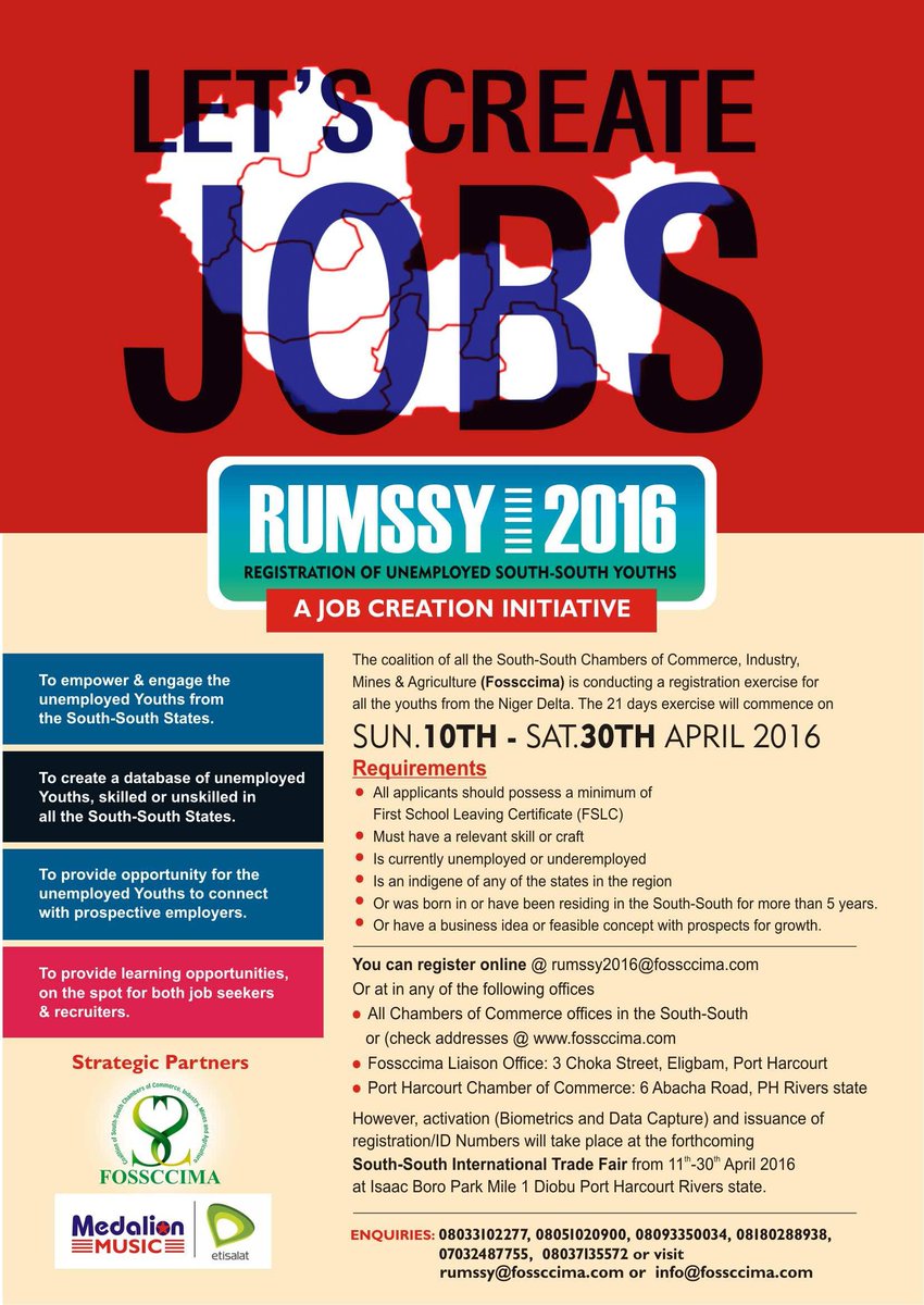 TheNerveAfrica's tweet photo. #FOSSCCIMA_Live Registration of Unemployed South-South Youths [RUMSSY] program runs 10th-30th April @Fossccima_Info https://t.co/Is1huj9NJo