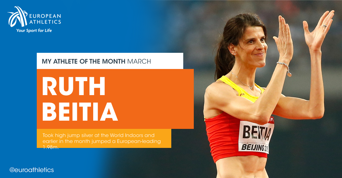 EuroAthletics's tweet photo. Retweet to vote for Spanish high jump star Ruth #Beitia as your #athleteofthemonth for March https://t.co/v8j3YXhMXn