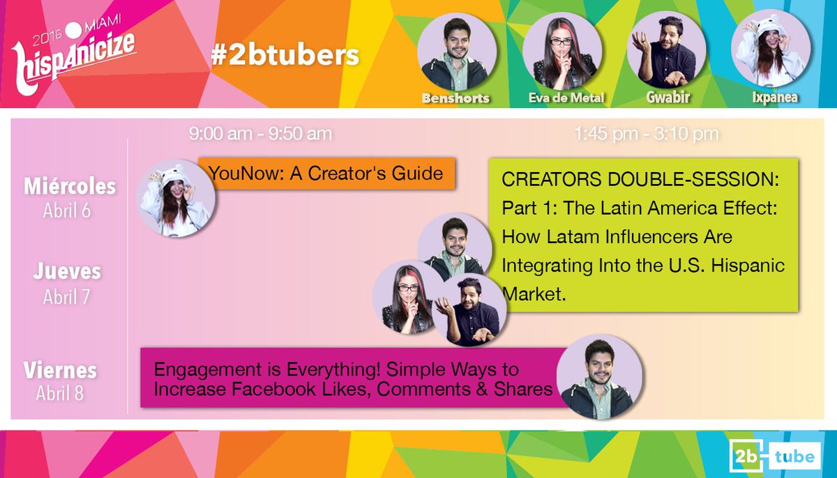 2b's tweet photo. ¿En qué charlas de #Hispz16 en #Miami participarán nuestros #2btubers? ¡Te lo ponemos fácil con esta imagen! https://t.co/l9C2pSXgXa