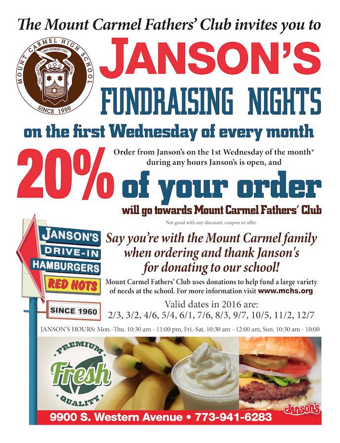 MountCarmelHS's tweet photo. Eat at Janson's today and 20% of your order will benefit the Mount Carmel Fathers' Club! 
#WeAreMC https://t.co/gckrSrxxbE