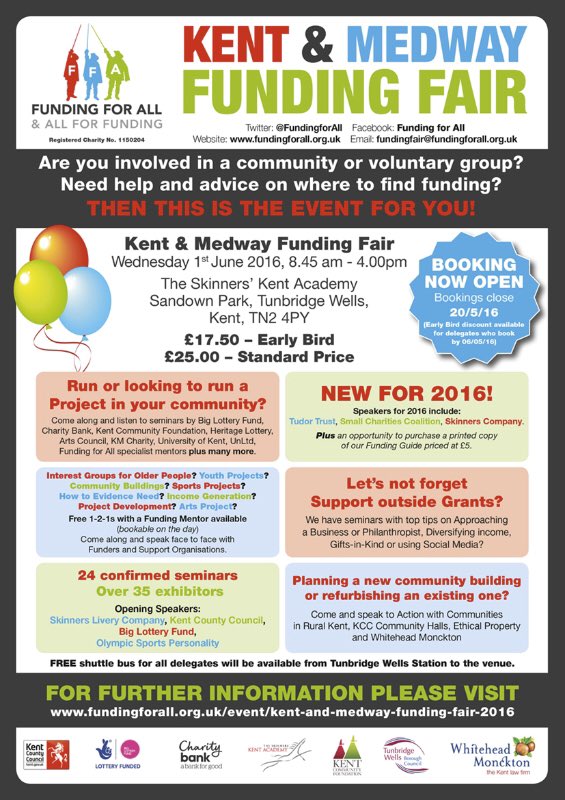 communityengage's tweet image. Are you part of a #voluntary or #community group? Then this @FundingforAll event in Kent will be of great interest.