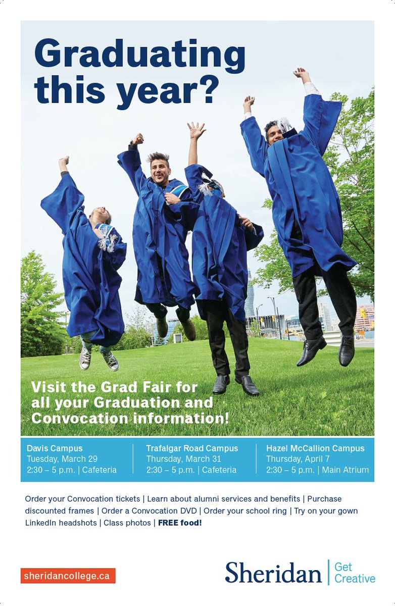 sheridancollege's tweet photo. #HMCEvent: Don't forget to visit the Grad Fair tomorrow at 2:30 for all your graduation & #SheridanConvo needs!π^BT https://t.co/mvbDzXPu99