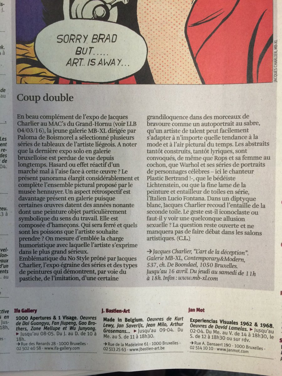 MBXLgallery's tweet photo. Here are the last press reviews about our Jacques Charlier's #exhibition! La Libre (01/04) @lalibrebe &amp; Gael (April) https://t.co/Jf2eXlMR0G
