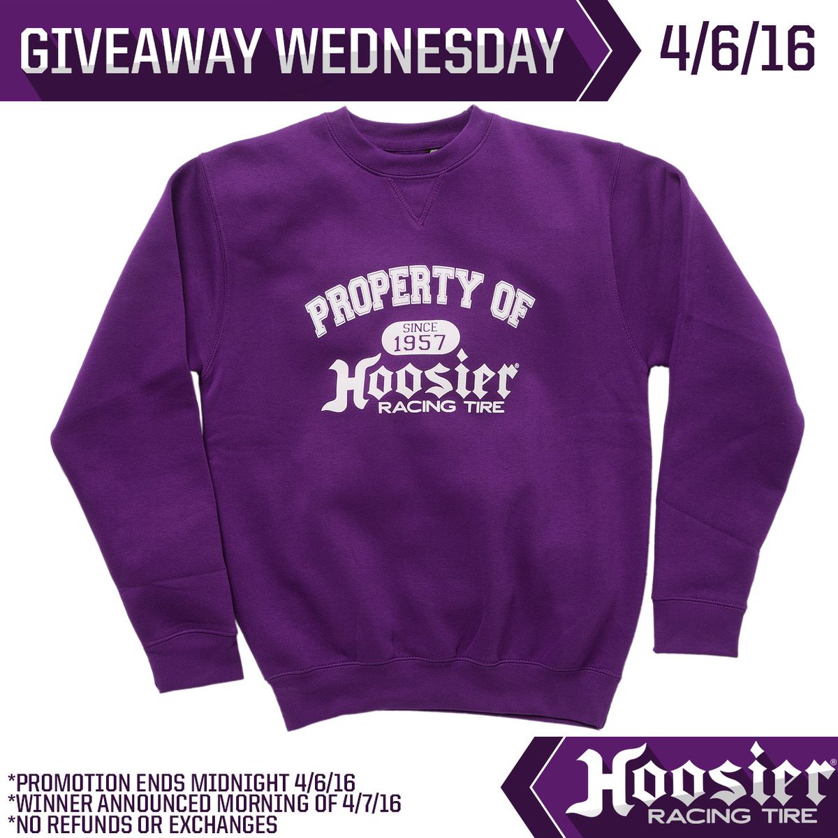 GIVEAWAY WEDNESDAY: Follow &amp; RETWEET to be entered to win a #HoosierTire crew sweatshirt.!