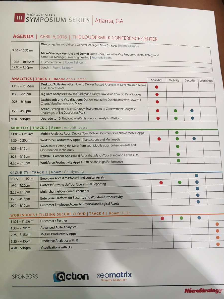 AlyssaDambach's tweet photo. @MicroStrategy symposium agenda! Which track to attend?! #mstrsymposium #ccgbi #atlanta #networking https://t.co/bhVOezGFQs
