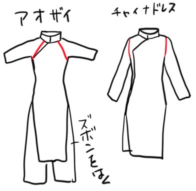 服の作り方と型紙うさこの洋裁工房 アオザイとチャイナ服の違いって何か調べてたら アオザイはラグランスリーブでズボンをはく前提の服らしい ベトナムでの正装でもあるという情報は手に入ったけど 着物ですらよくわかってないのに他国の民族衣装になると