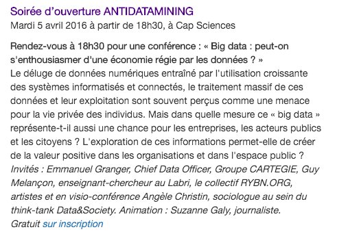 pierregeorges00's tweet photo. #SDBX5 Anti #Data Mining hier soir et ce soir
#BigData #OpenData #Data4Care #Data4Good
à @capsciences https://t.co/6hJyGqSGLo