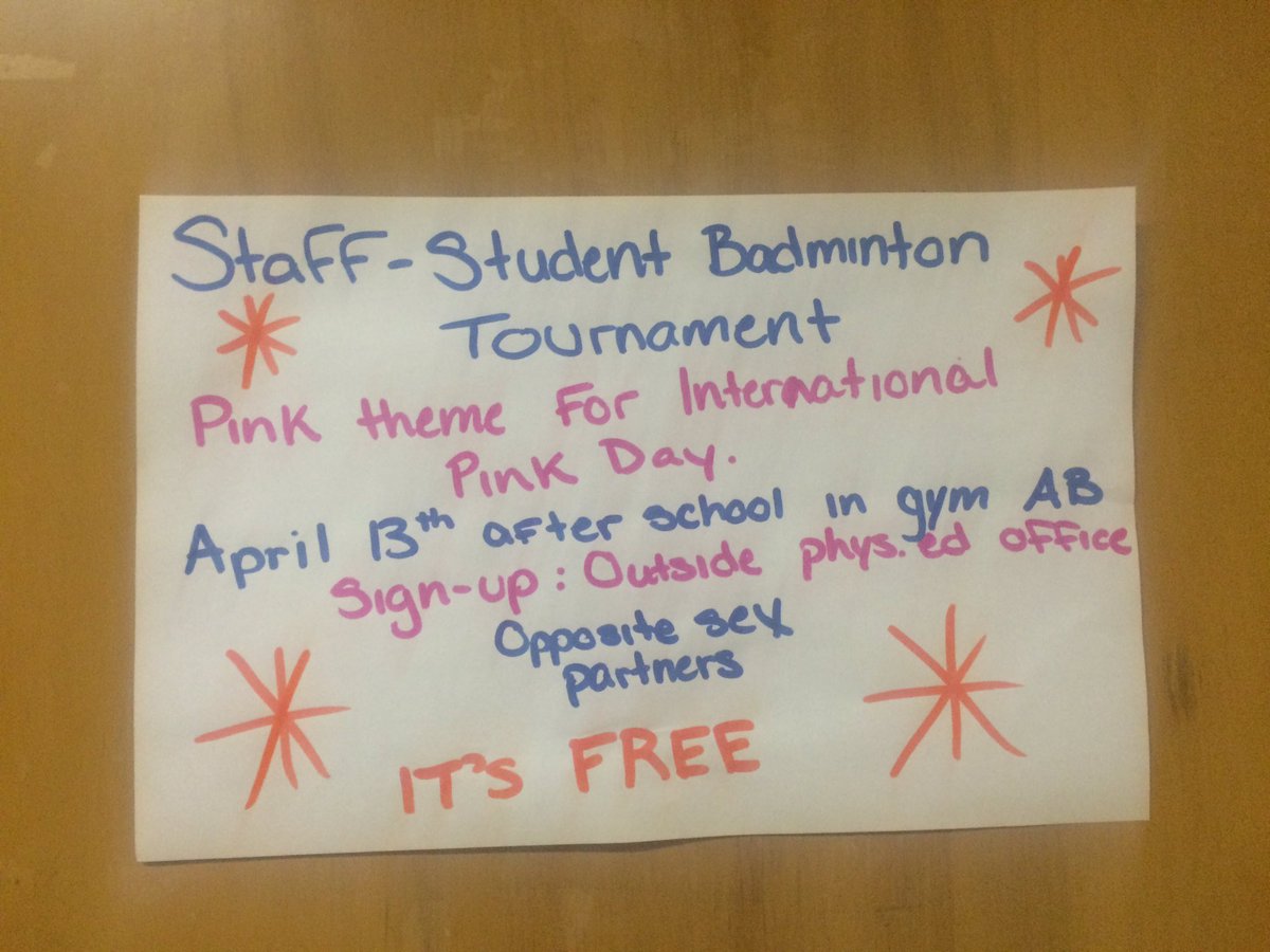 Tomorrow is the last day to sign up for the teacher student badminton tournament! Sign up today in the cafe @ lunch!