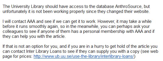 Natlyt's tweet photo. Ironic: Cultural Anthropology, #openaccess leader in AAA, has become inaccessible in Uppsala. #Anthrosource problem. https://t.co/sLQ0T0dfHH