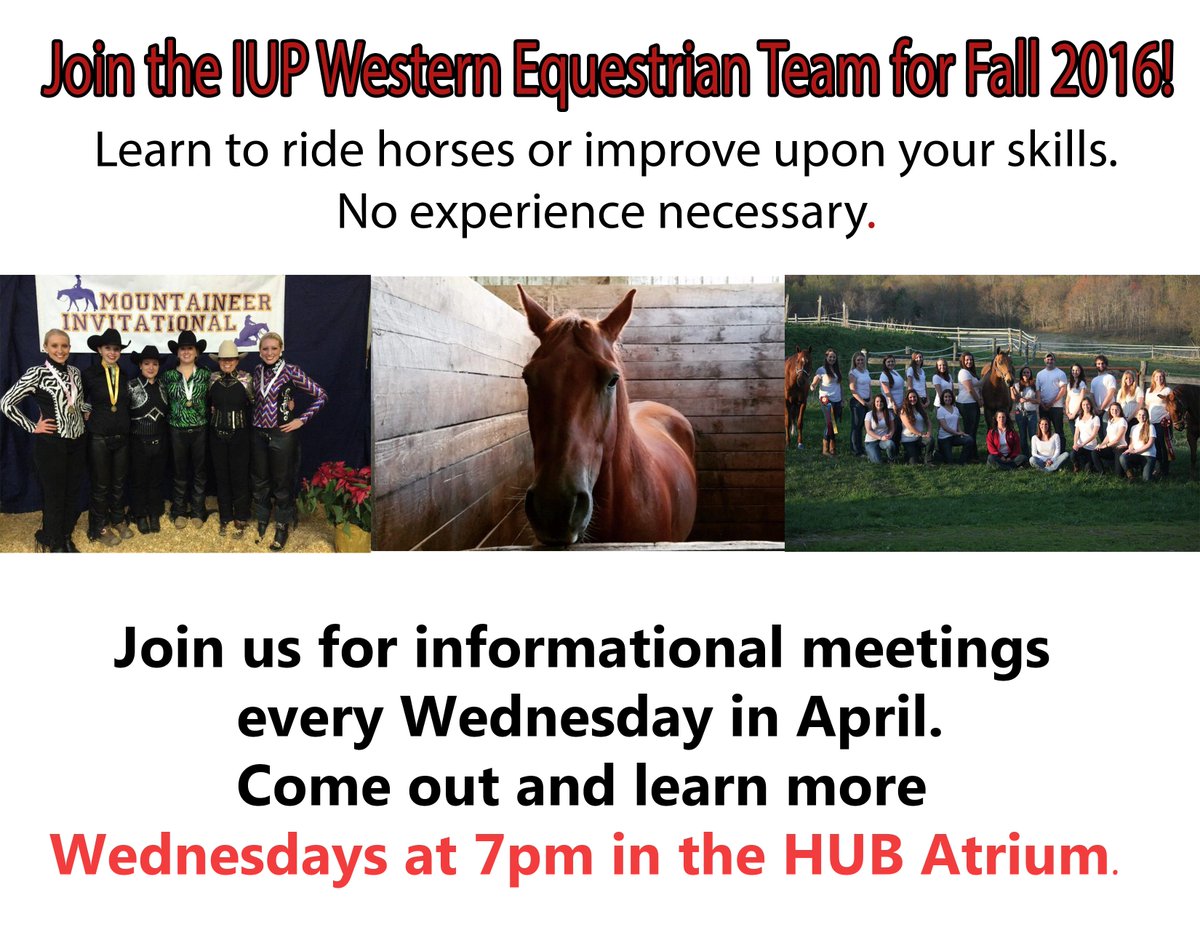 Learn to ride horses or improve your skills. Info meeting TONIGHT at 7pm in the HUB Atrium <a href="/AsSeenAtIUP/">AsSeenAtIUP</a>