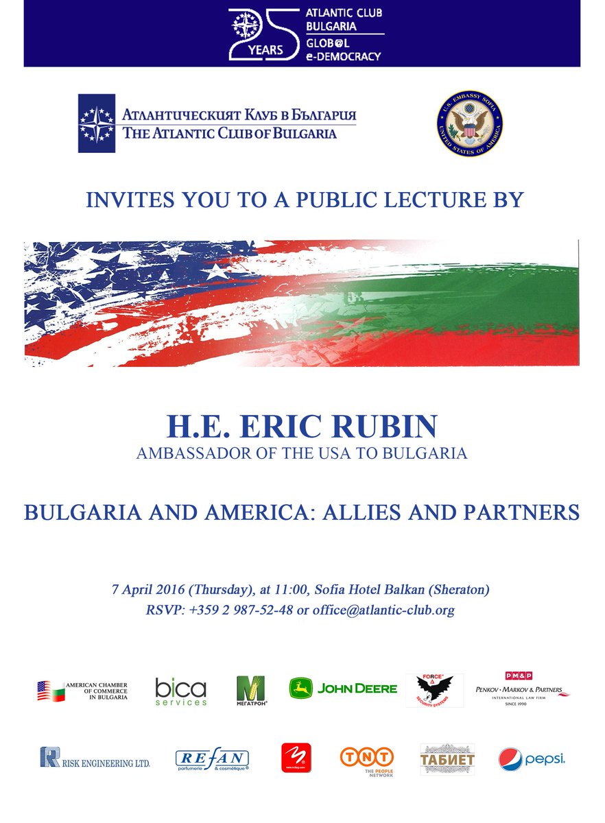 AtlanticClubBG's tweet photo. First public discussion of Amb. Eric Rubin 2morrow #BGandUS #25ACB @PassySolomon https://t.co/JqLibdyXhB