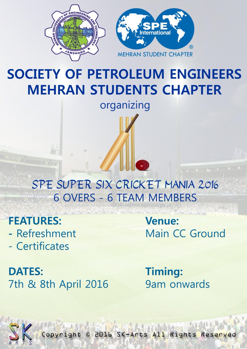 Cricket mania ’16

Dates: 7th - 8th April 2016
Venue: Main CC Ground, MEUT Jamshoro.