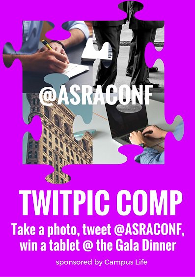 ASRACONF's tweet photo. V. excited about twitpic comp at #asra2016 this year. Best pic wins a tablet! (thanks @campuslifeuk for sponsorship) https://t.co/yXxGWEHJrm