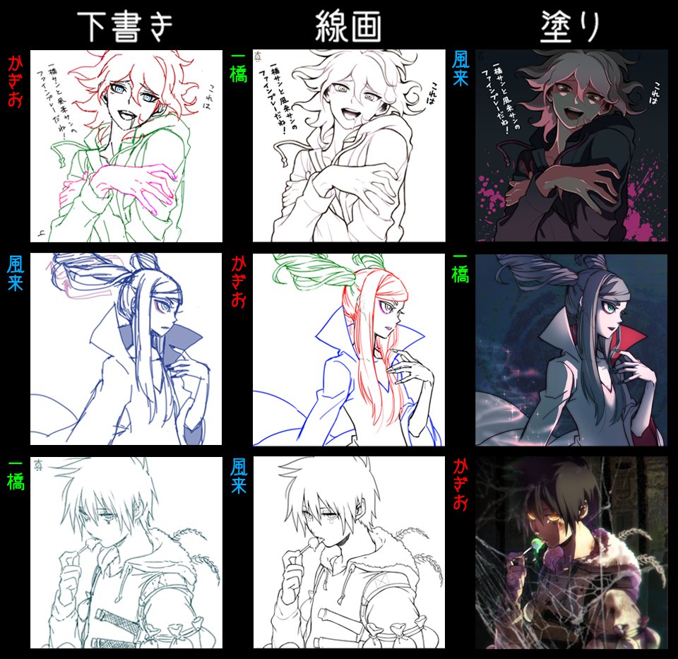私言いだしっぺで忍仲間にお絵かき交換で遊んでもらいました。付き合ってくれてありがとう楽しかったです! #3人で下書き線画塗りを交換して絵を完成させる 