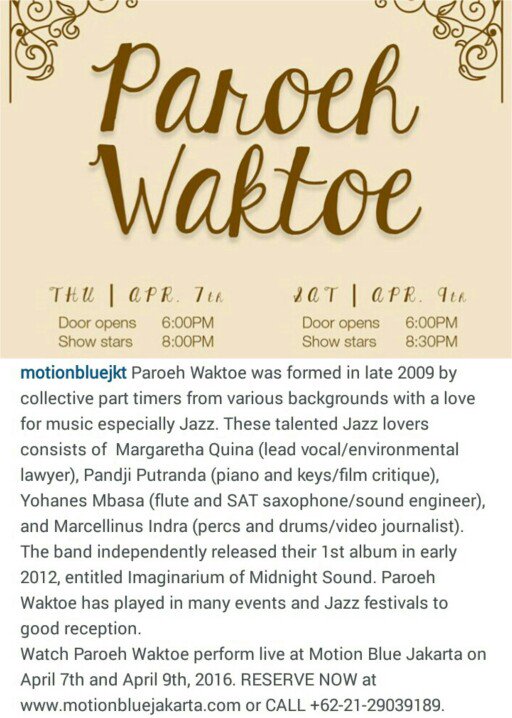 akan bermain di Motion Blue Jakarta Kamis dan Sabtu malam ini. sampai bertemu~