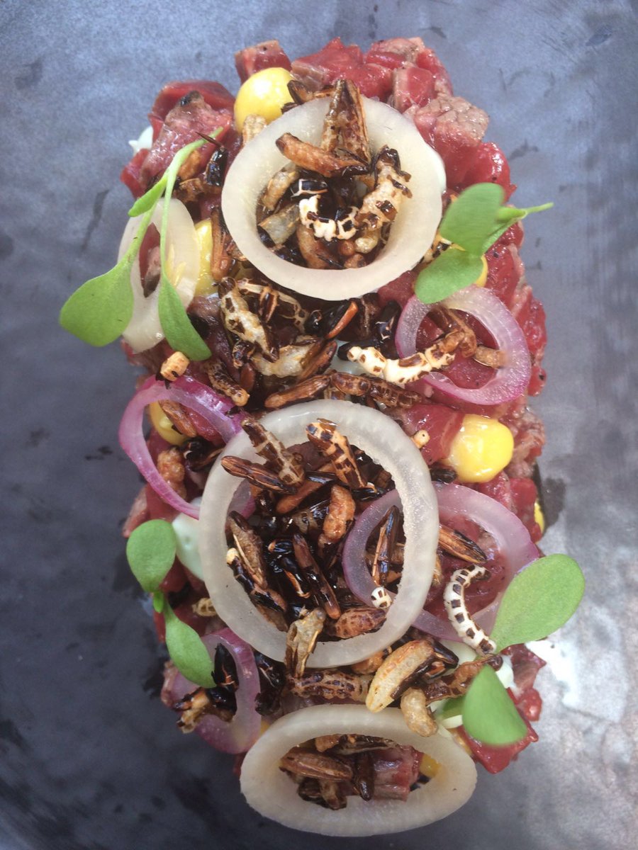 HotrsShrewsbury's tweet photo. Our take on beef tartare. 35 day dry aged beef tataki, charcoal oil, onion, wild rice, truffled egg yolk &amp; wasabi https://t.co/qafZGulA3G